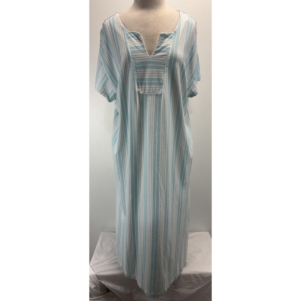 Stan Herman Striped Cotton Kaftan Dress Women's Large Blue White Shift Pockets